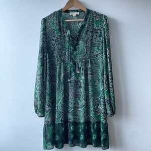 Boho 70s-Inspired Green Paisley Lace-Up Dress- size L-Michael Kors